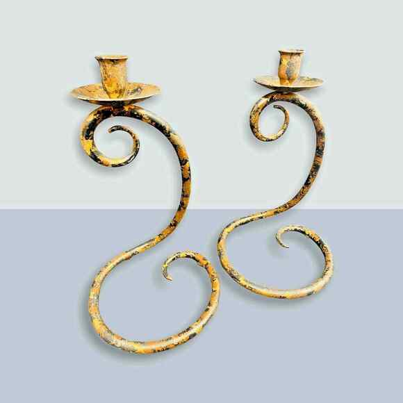 Pair of 14" Snake Serpent Scroll Camouflage Wrought Iron Candlestick Holders VTG - Picture 8 of 12